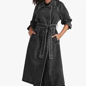 Grey/Black Denim Long Cut Buttoned Tie Belt Trench Coat Jacket